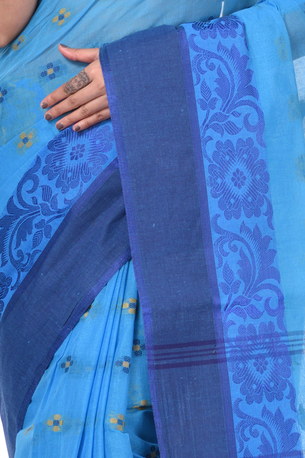Blue Pure Cotton Ganga Jamuna_Latapar Tant Saree (652)